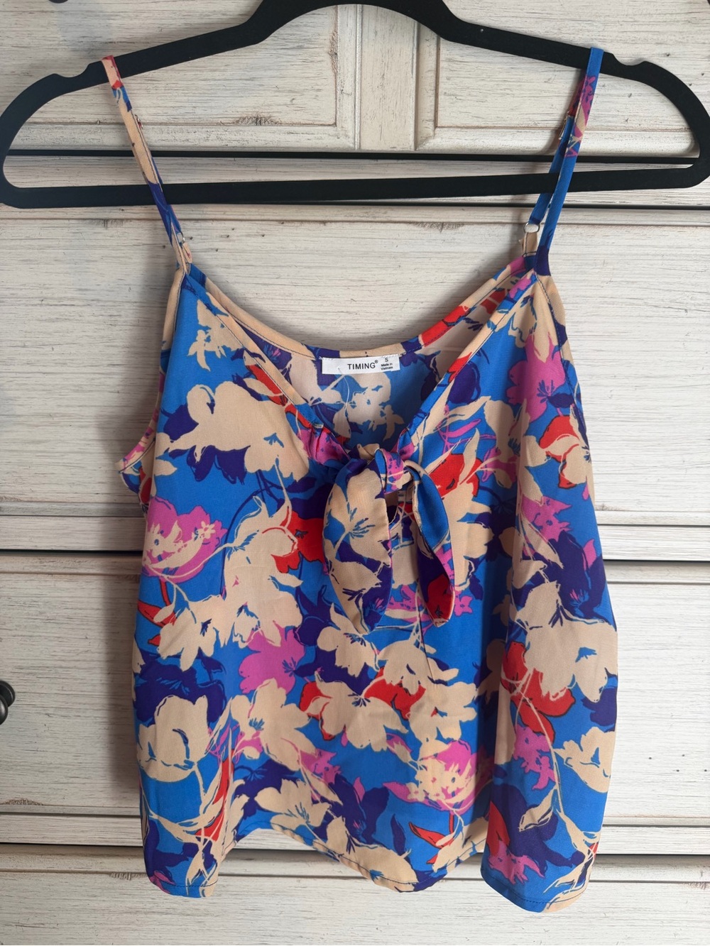 TIMING Blue Floral Tie-Front Tank top with Beige & Pink Accents